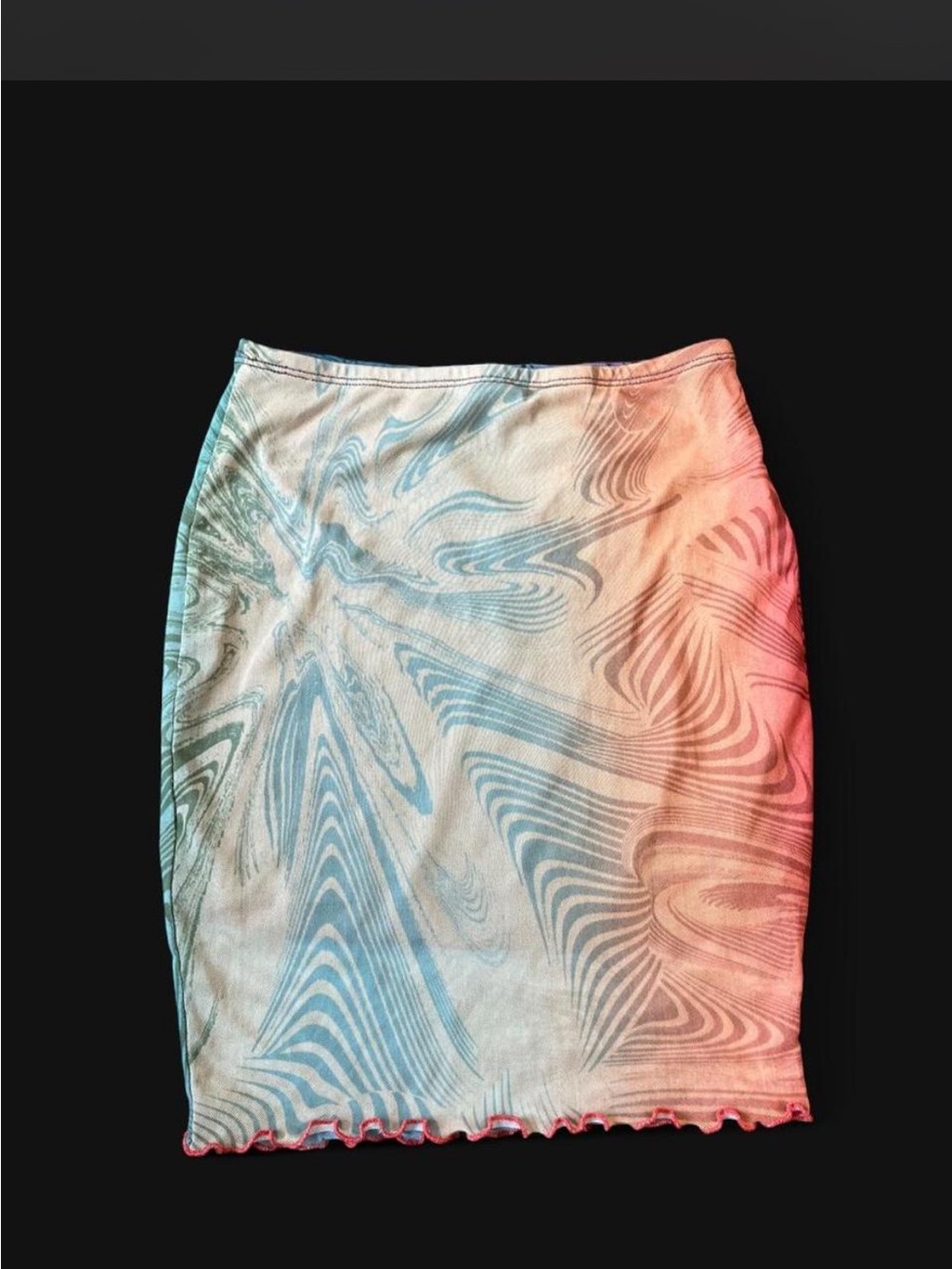 Black Bead Pastel Wave-Print Pencil Skirt in Blue and Pink